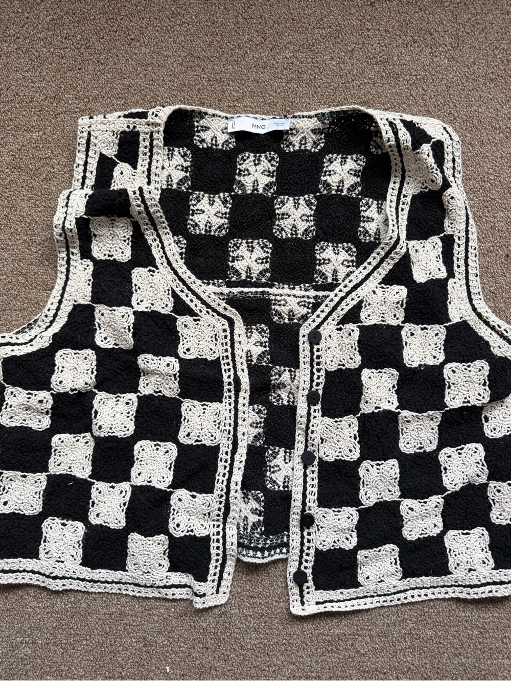 Mango Black & Cream Crochet Checkered Vest